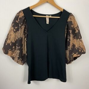 Dolan Black Lace Puff Sleeve V Neck Top Size M